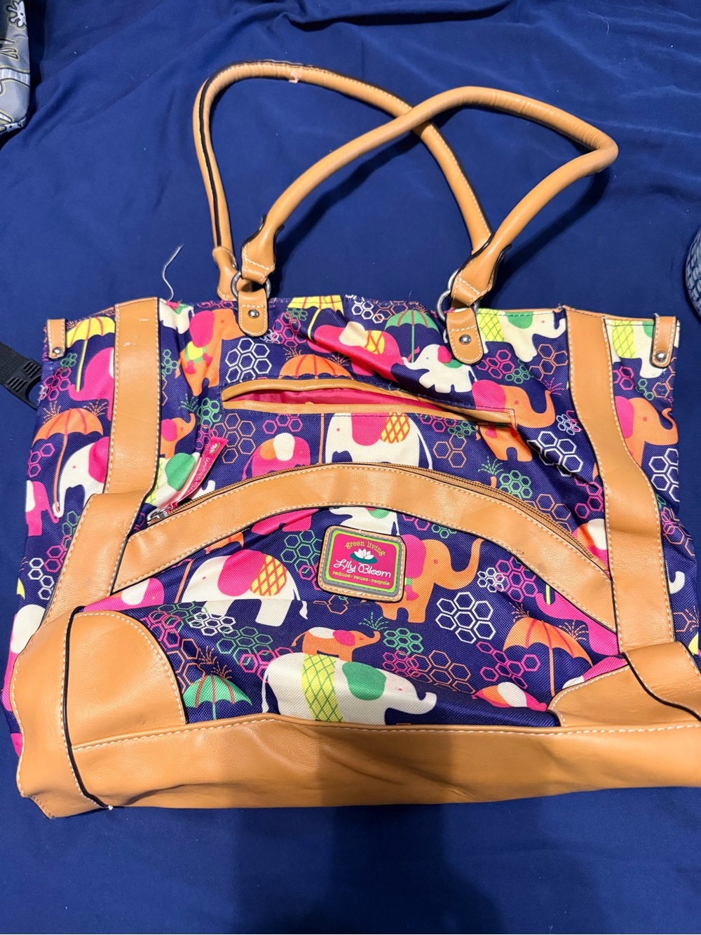 Lily Bloom Multicolor Elephant Print Tote with Tan Trim